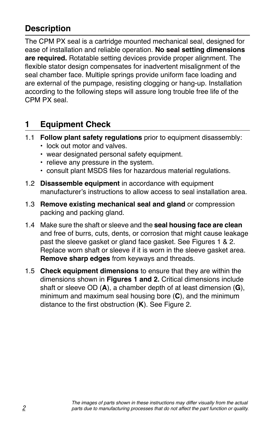 Description, 1 equipment check | Flowserve CPM Series User Manual | Page 2 / 8