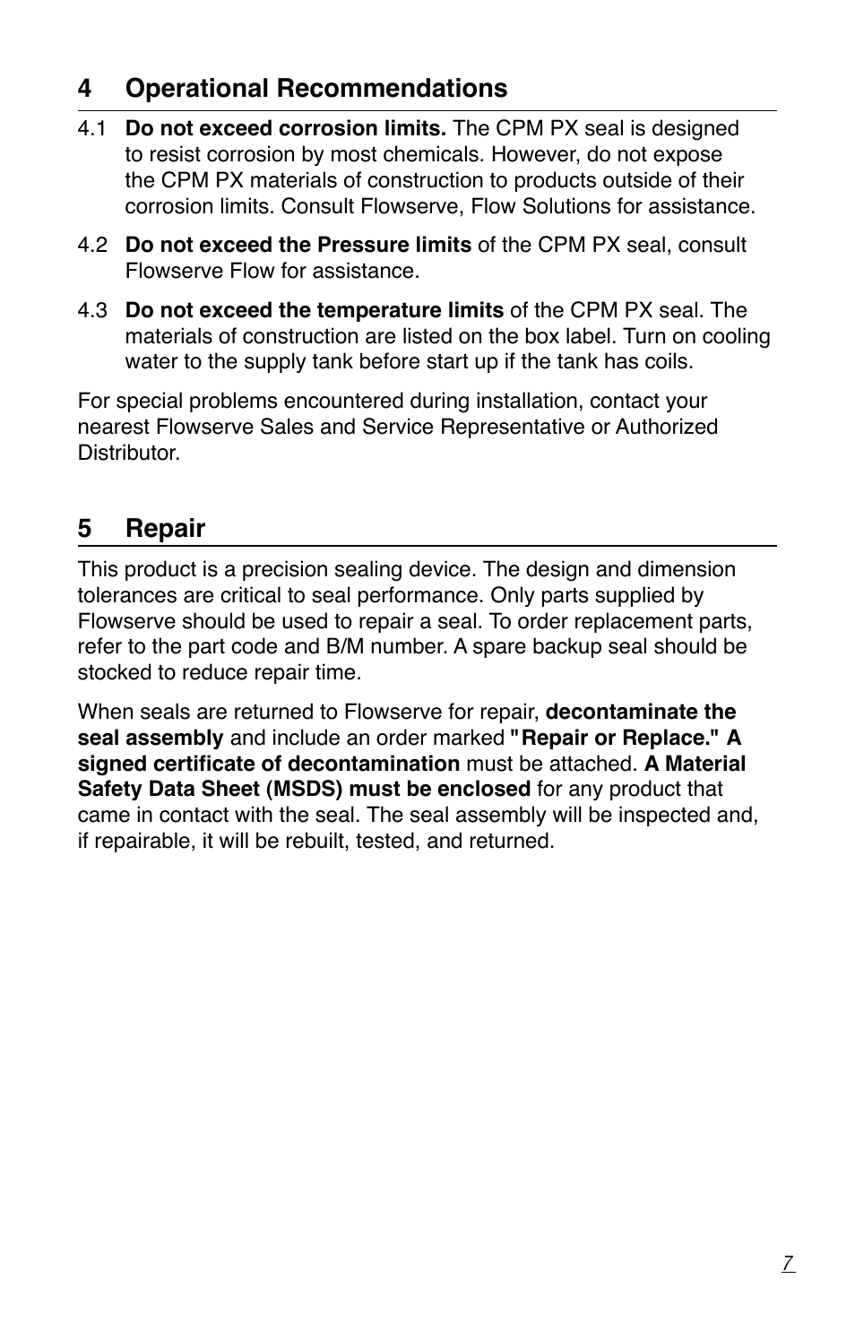 4 operational recommendations, 5 repair | Flowserve CPM Series User Manual | Page 7 / 8