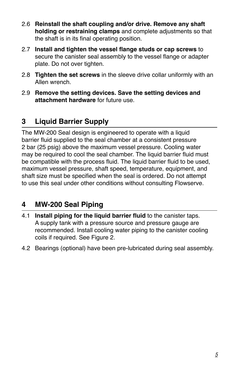 3 liquid barrier supply, 4 mw-200 seal piping | Flowserve MW-200 Series User Manual | Page 5 / 8