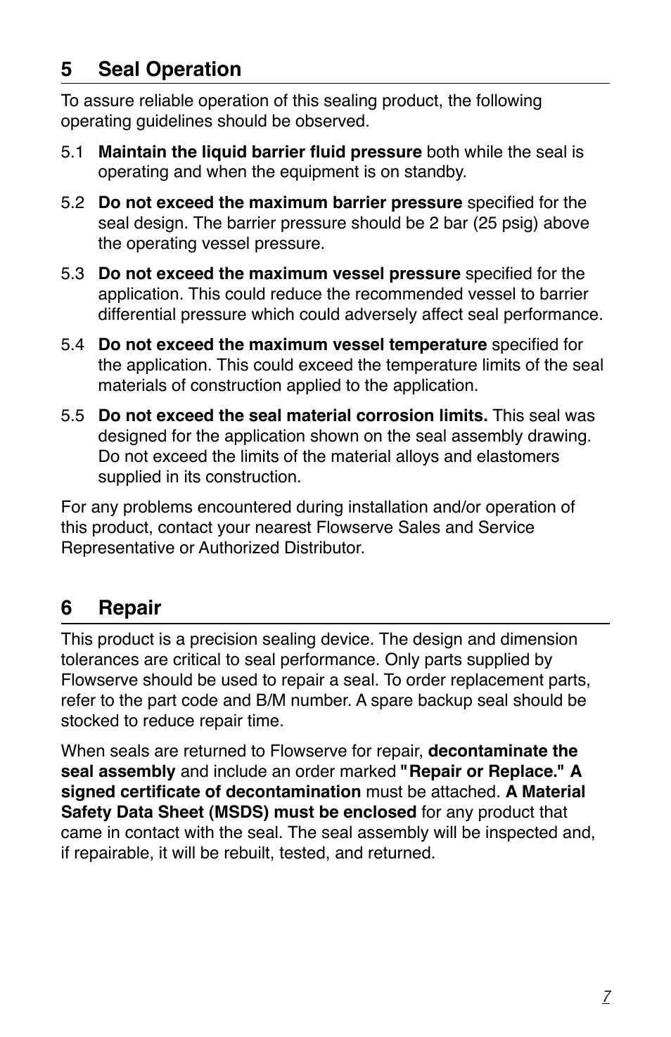5 seal operation, 6 repair | Flowserve MW-200 Series User Manual | Page 7 / 8