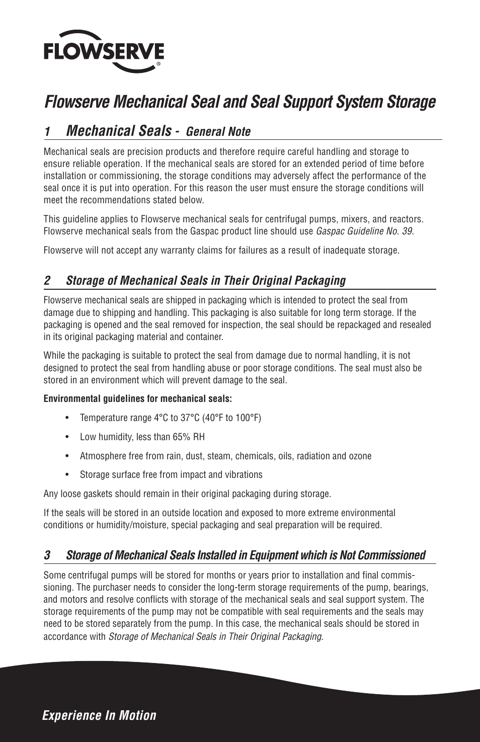 Flowserve Mechanical Seal and Seal Support System Storage User Manual | 4 pages