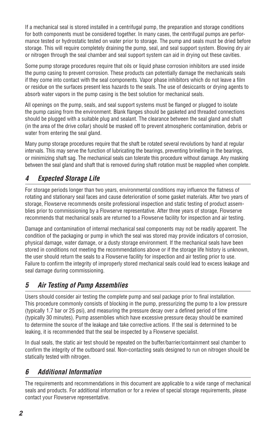 4 expected storage life, 5 air testing of pump assemblies, 6 additional information | Flowserve Mechanical Seal and Seal Support System Storage User Manual | Page 2 / 4