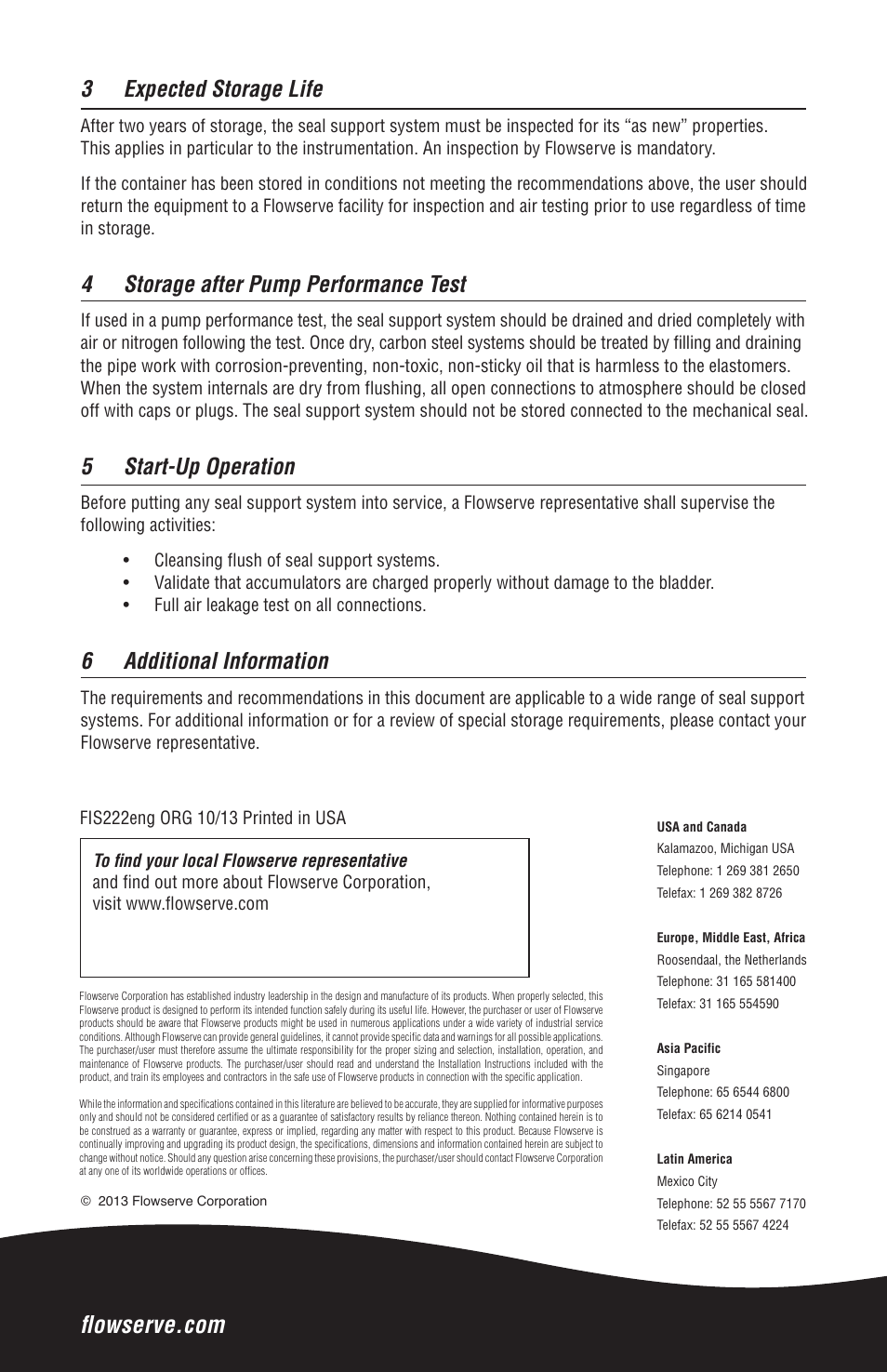 3 expected storage life, 4 storage after pump performance test, 5 start-up operation | 6 additional information | Flowserve Mechanical Seal and Seal Support System Storage User Manual | Page 4 / 4