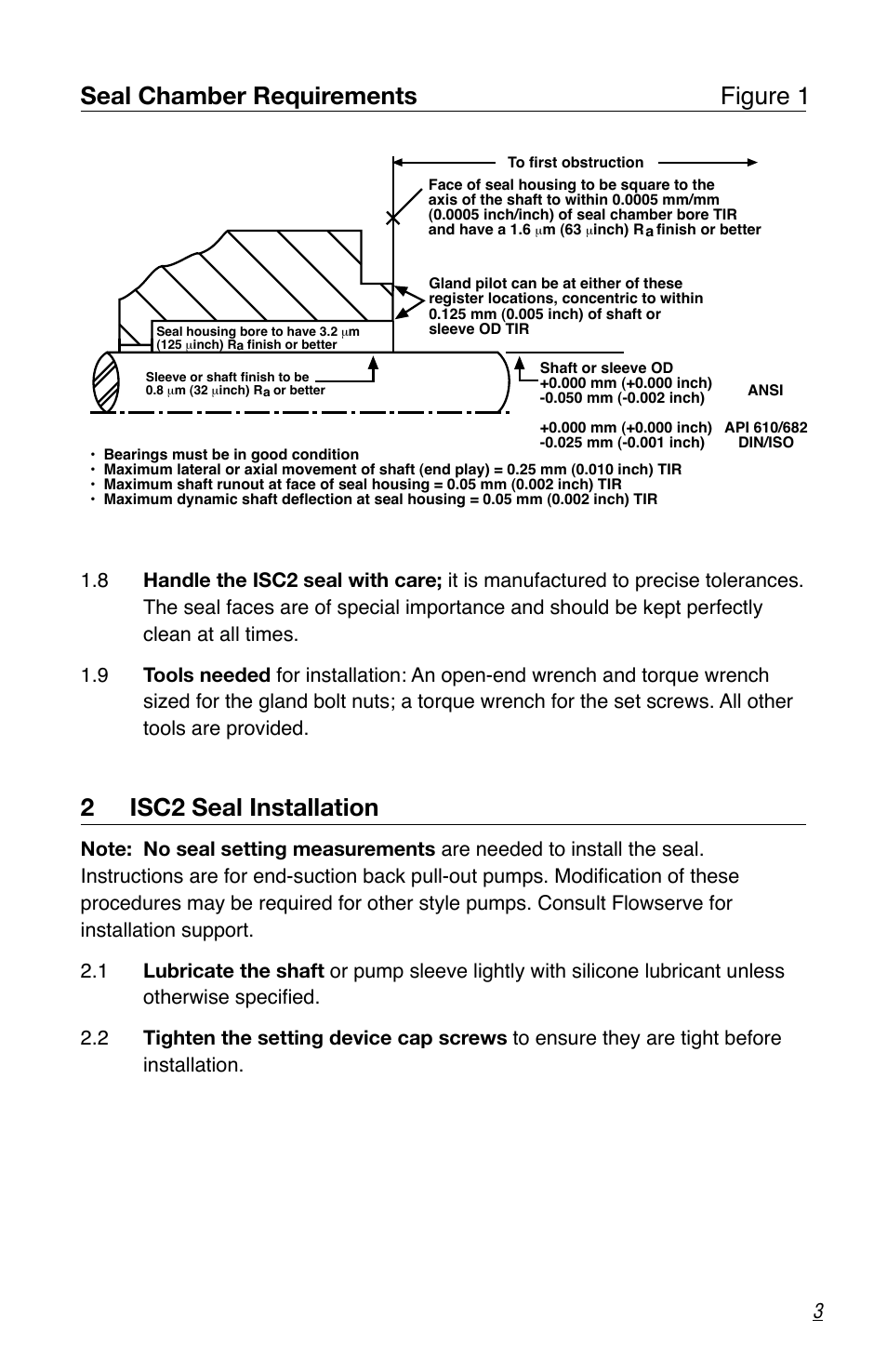 Seal chamber requirements figure 1, 2 isc2 seal installation | Flowserve ISC2 Series User Manual | Page 3 / 8