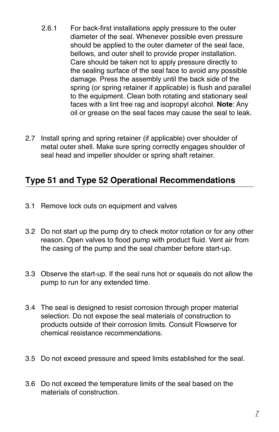 Type 51 and type 52 operational recommendations | Flowserve Pac-Seal Type 51 User Manual | Page 7 / 8