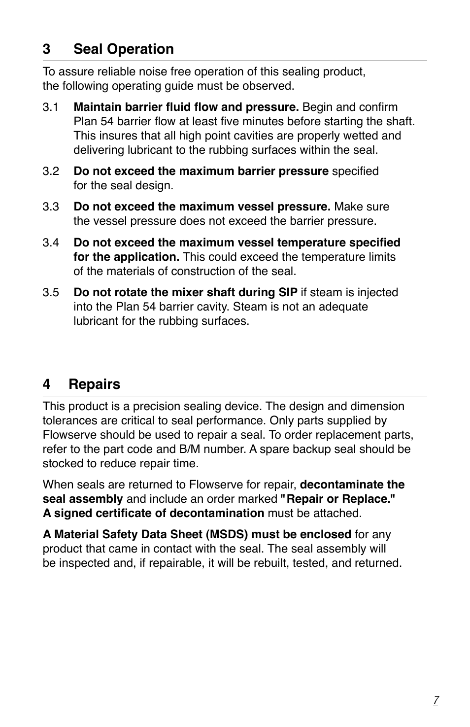 3 seal operation, 4 repairs | Flowserve ST Series User Manual | Page 7 / 8