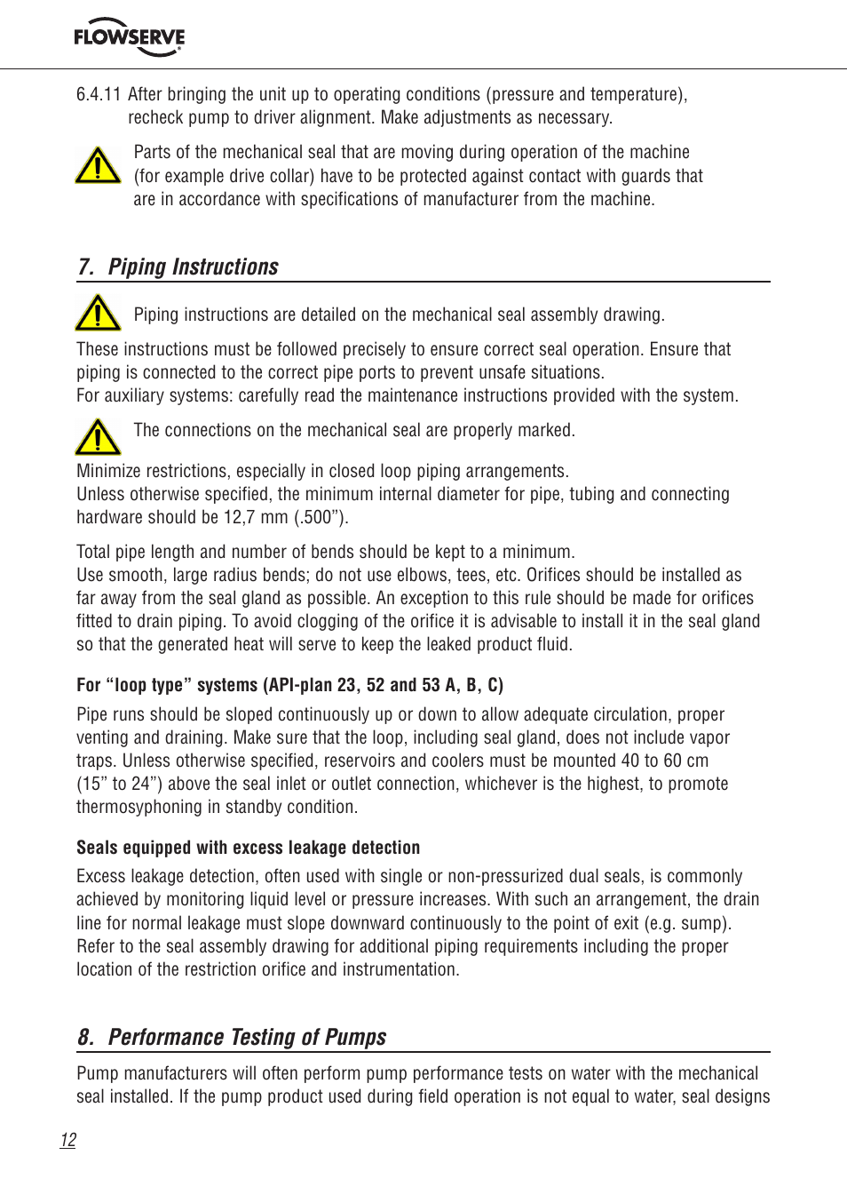 Piping instructions, Performance testing of pumps | Flowserve Machinery Components User Manual | Page 12 / 16