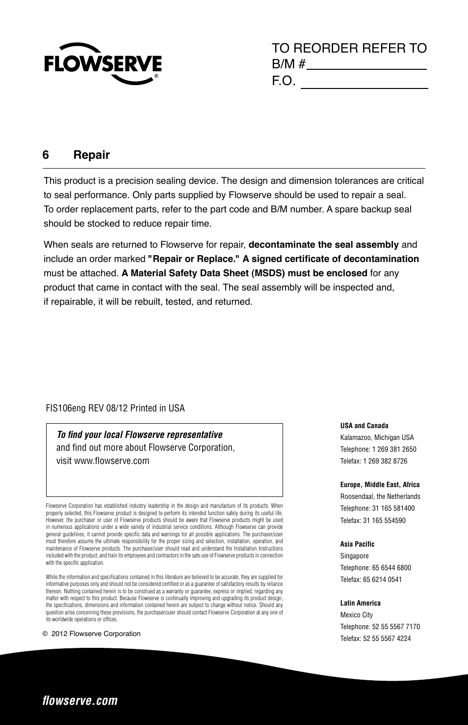 6repair | Flowserve Dual Pressurized Seals User Manual | Page 8 / 8