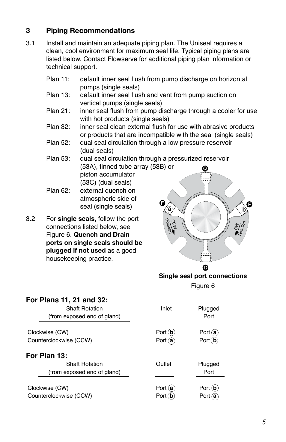 For plan 13, 3piping recommendations | Flowserve Uniseal Series BW Seals User Manual | Page 5 / 8