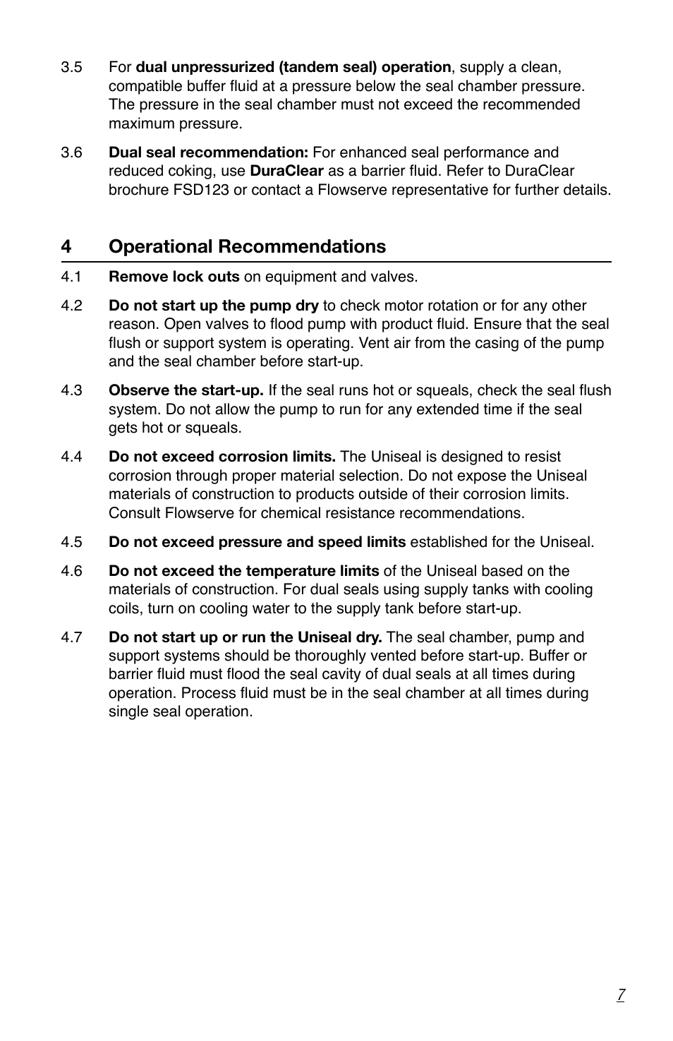 4operational recommendations | Flowserve Uniseal Series BW Seals User Manual | Page 7 / 8