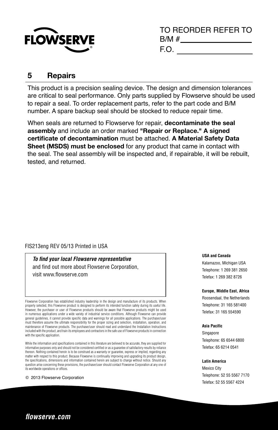 5 repairs | Flowserve Uniseal Series BW Seals User Manual | Page 8 / 8