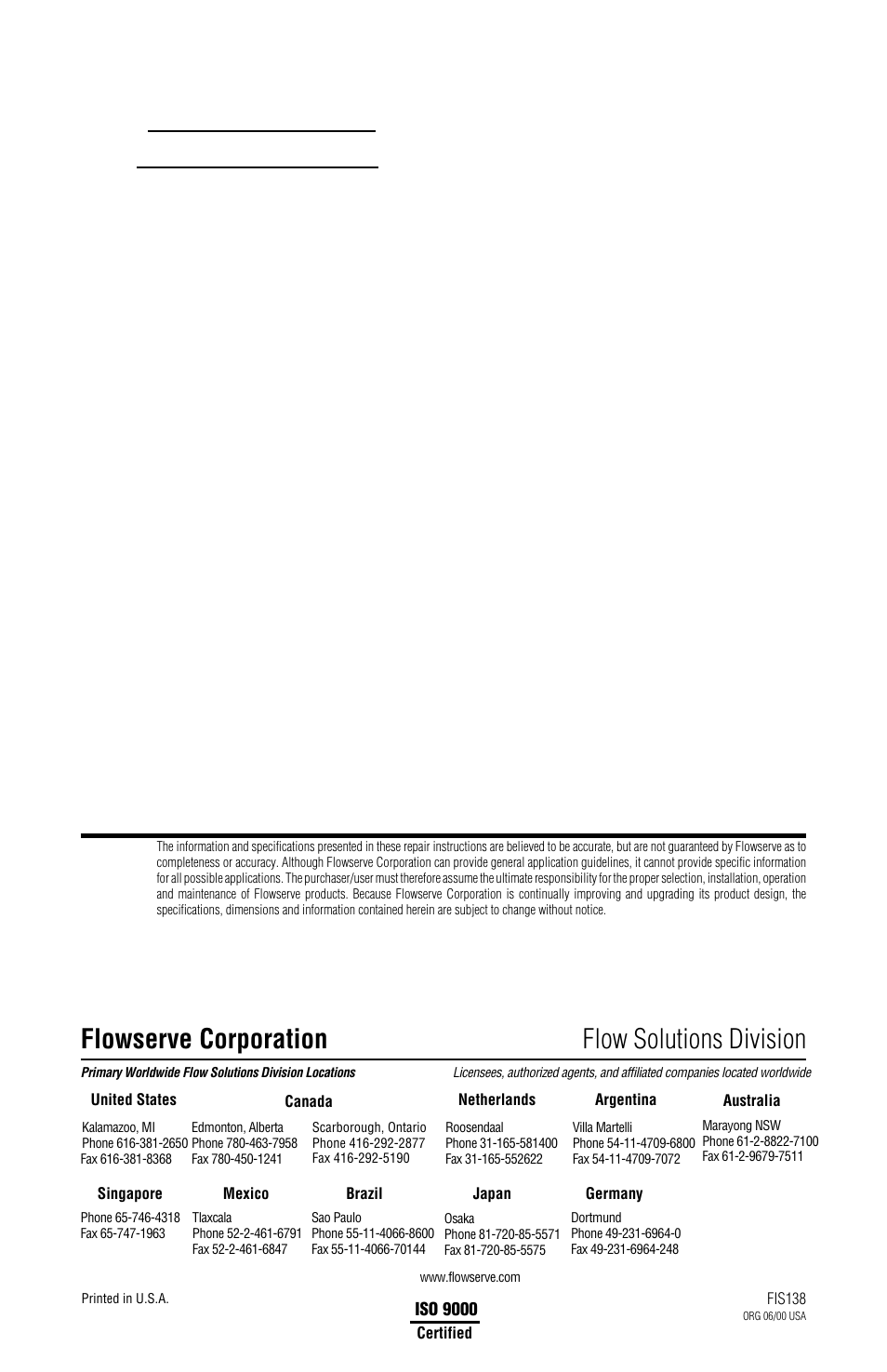 Flowserve corporation flow solutions division | Flowserve ISC1BX User Manual | Page 8 / 8