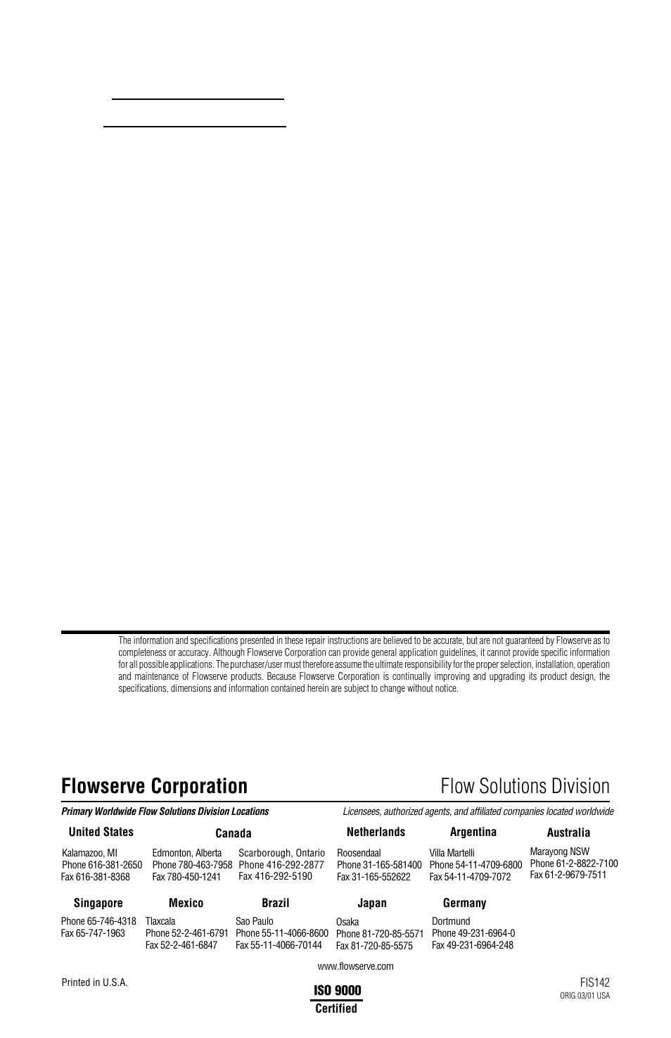 Flowserve corporation flow solutions division | Flowserve ISC1EX User Manual | Page 8 / 8