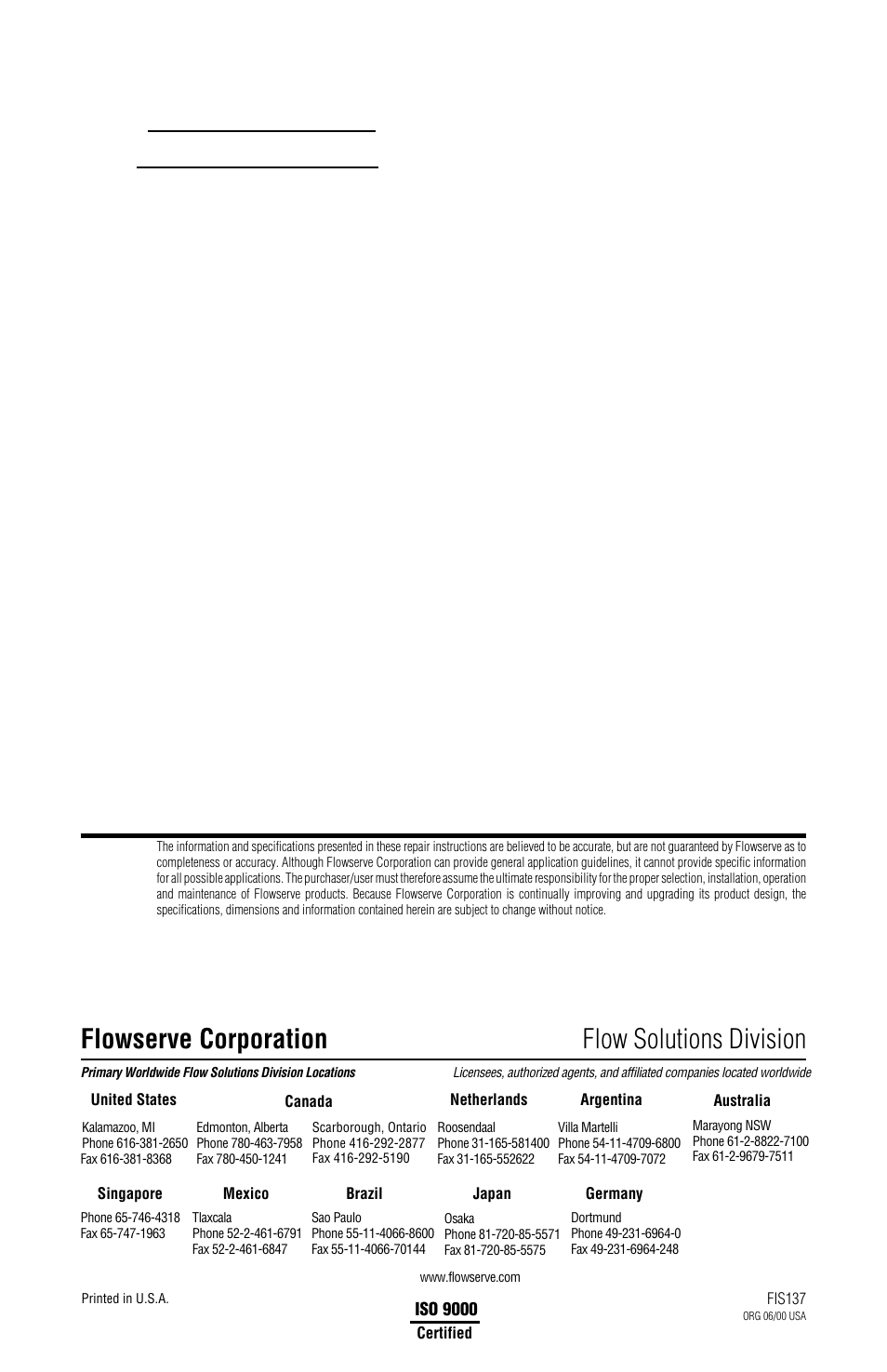 Flowserve corporation flow solutions division | Flowserve ISC2PP User Manual | Page 12 / 12