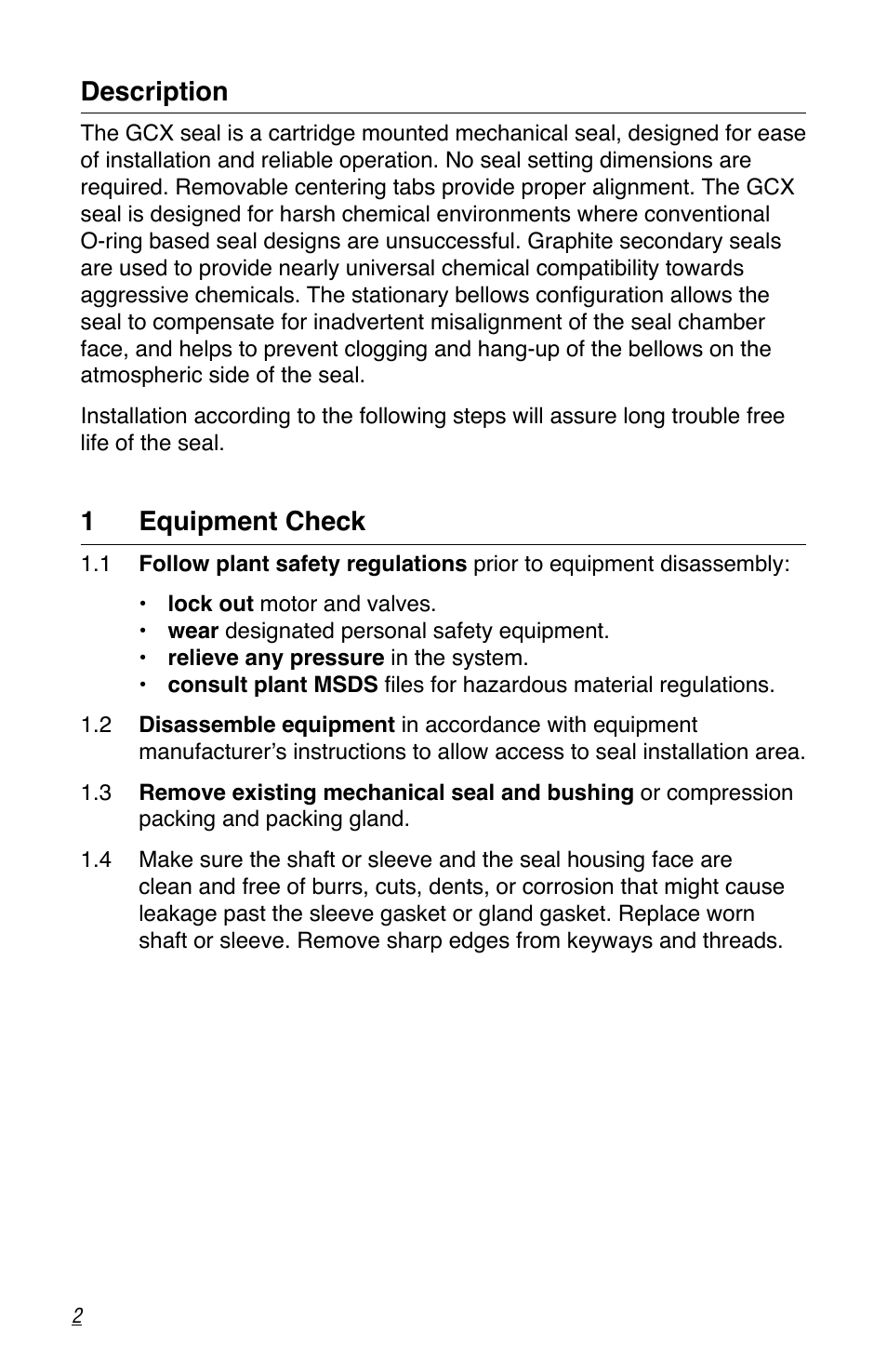 Description, 1 equipment check | Flowserve GCX Series User Manual | Page 2 / 12