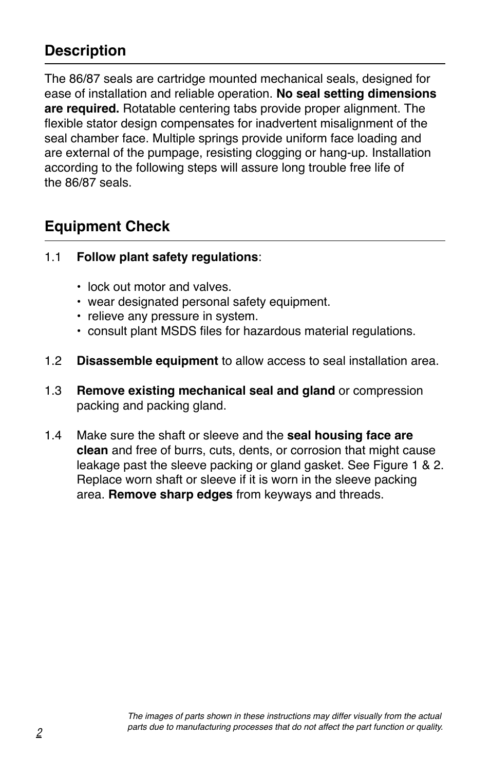 Description, Equipment check | Flowserve 80 Series Five Star Seal User Manual | Page 2 / 12