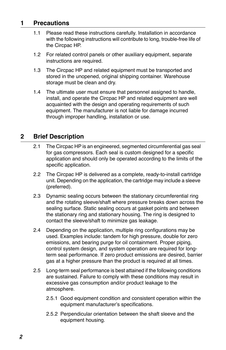 1 precautions, 2 brief description | Flowserve Circpac HP User Manual | Page 2 / 8