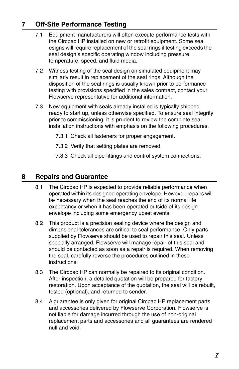 7 off-site performance testing, 8 repairs and guarantee | Flowserve Circpac HP User Manual | Page 7 / 8