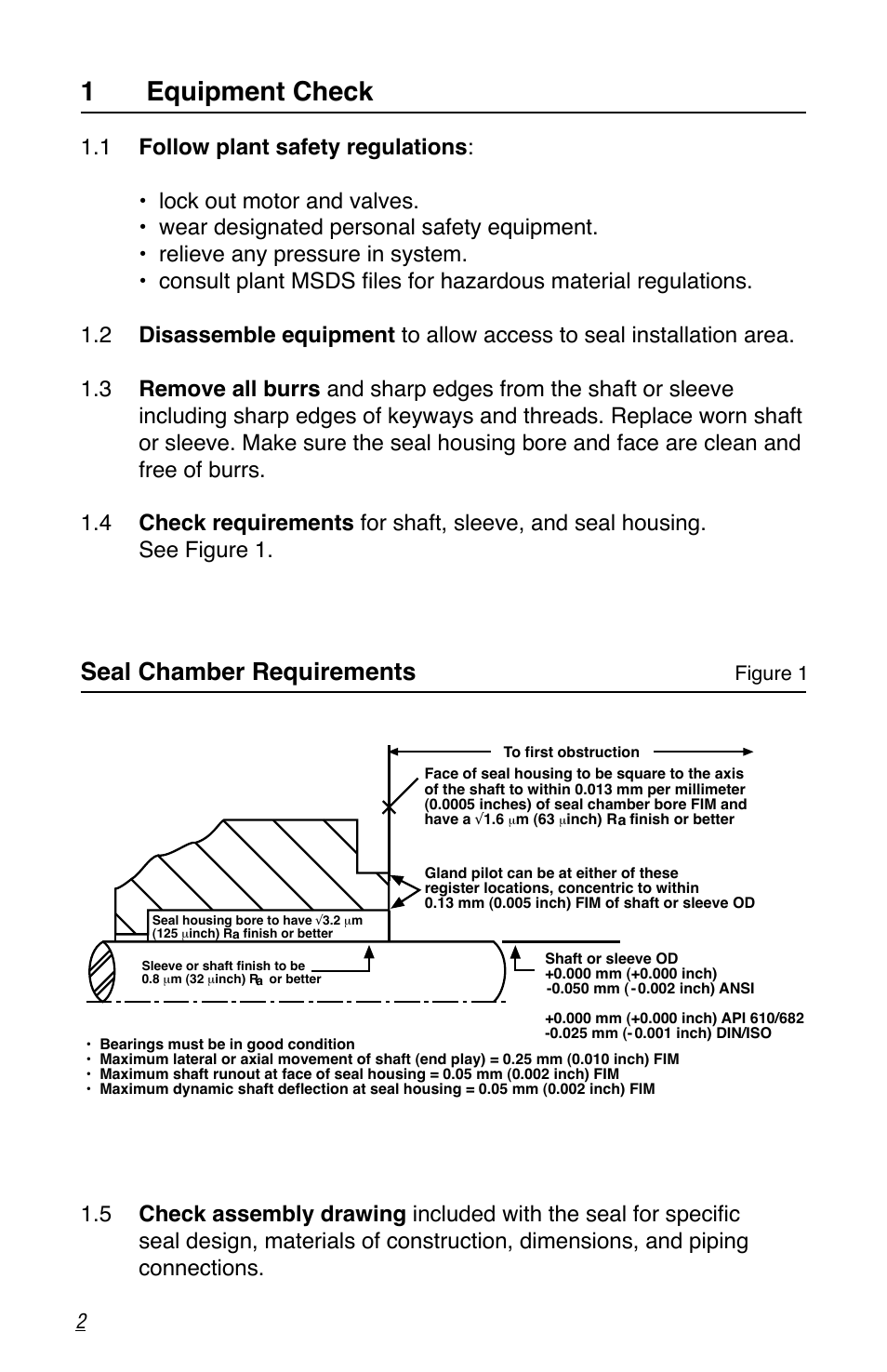 1 equipment check, Seal chamber requirements | Flowserve Single Outside Seal User Manual | Page 2 / 8