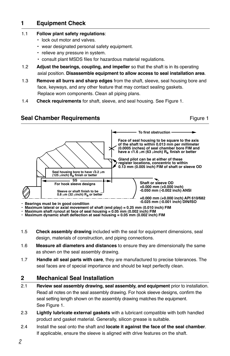 1equipment check, Seal chamber requirements, 2mechanical seal installation | Flowserve D Series User Manual | Page 2 / 4