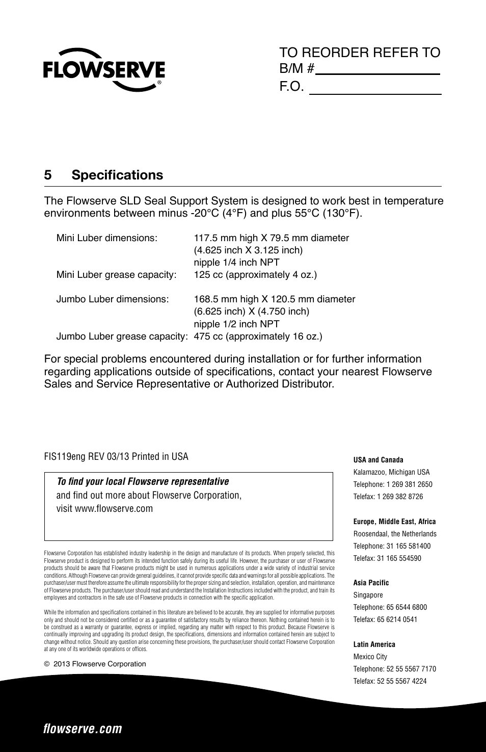 5specifications | Flowserve SLD User Manual | Page 8 / 8