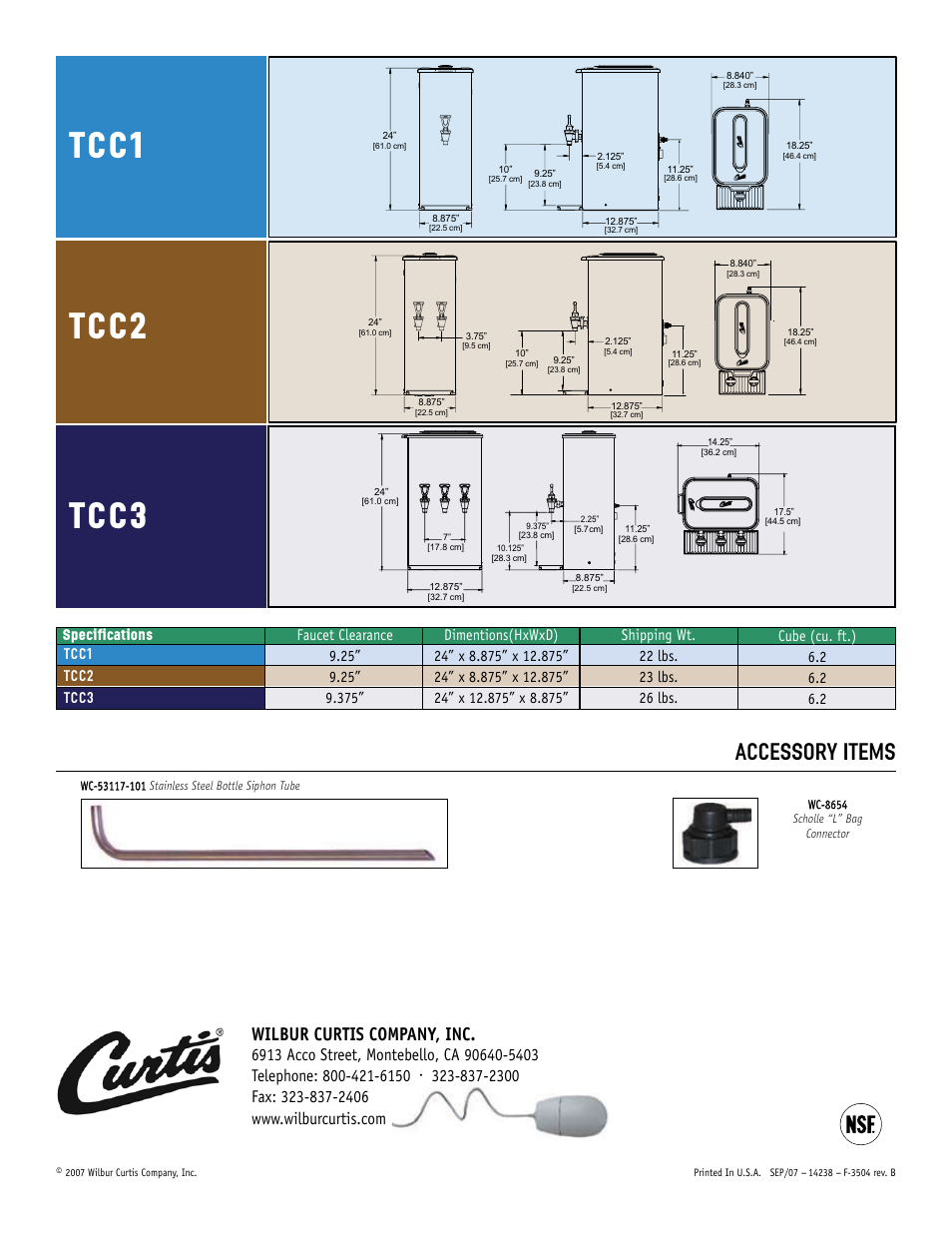 Tcc1 tcc2 tcc3, Tcc1r, Accessory items | Wilbur curtis company, inc, Specifications | Curtis TCC2 User Manual | Page 2 / 2