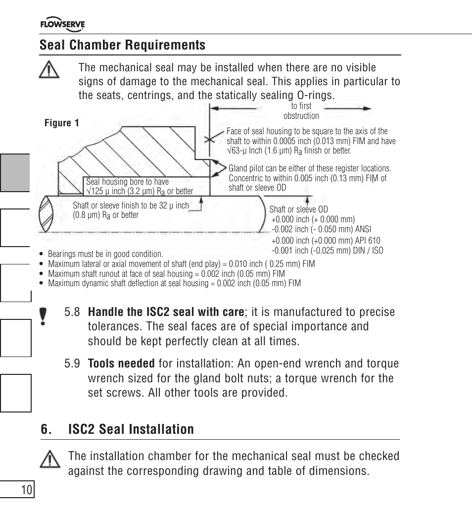 Isc2 seal installation, Seal chamber requirements | Flowserve ISC2 Series User Manual | Page 10 / 116