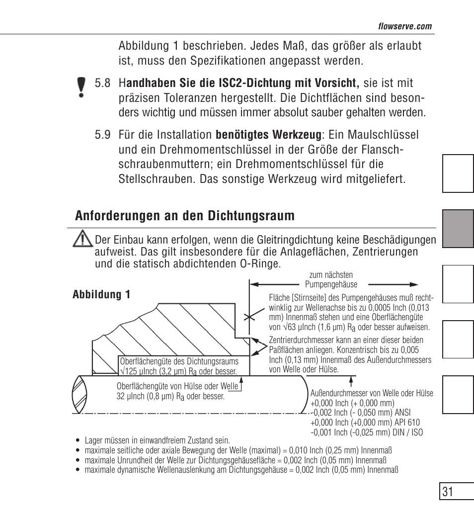 Anforderungen an den dichtungsraum | Flowserve ISC2 Series User Manual | Page 31 / 116