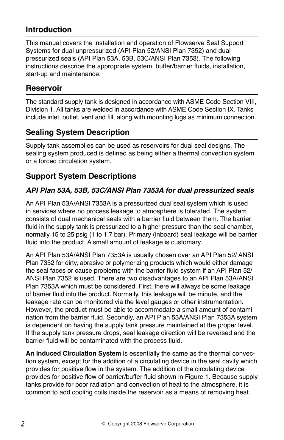 Introduction, Reservoir, Sealing system description | Support system descriptions | Flowserve Seal Support Reservoir User Manual | Page 2 / 8