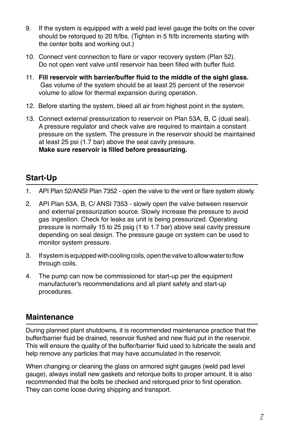 Start-up, Maintenance | Flowserve Seal Support Reservoir User Manual | Page 7 / 8