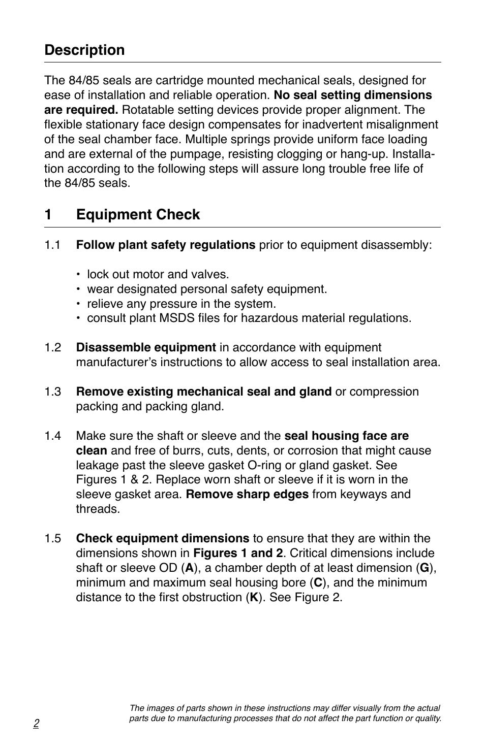 Description, 1 equipment check | Flowserve 80 Series Five Star Seal User Manual | Page 2 / 8