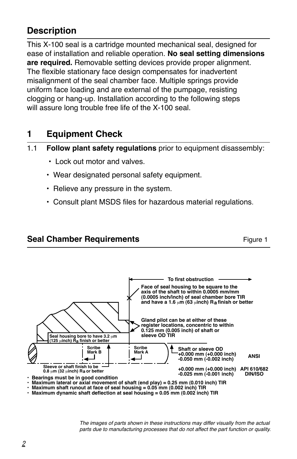 Description, 1 equipment check, Seal chamber requirements | Flowserve X-100 User Manual | Page 2 / 8