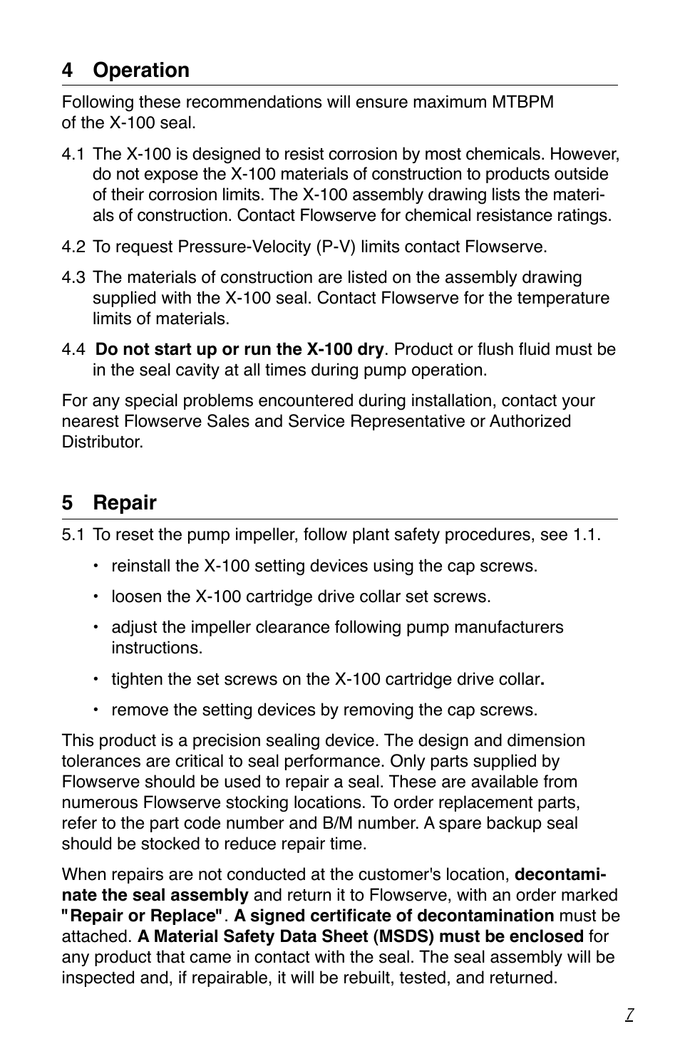 4 operation, 5 repair | Flowserve X-100 User Manual | Page 7 / 8