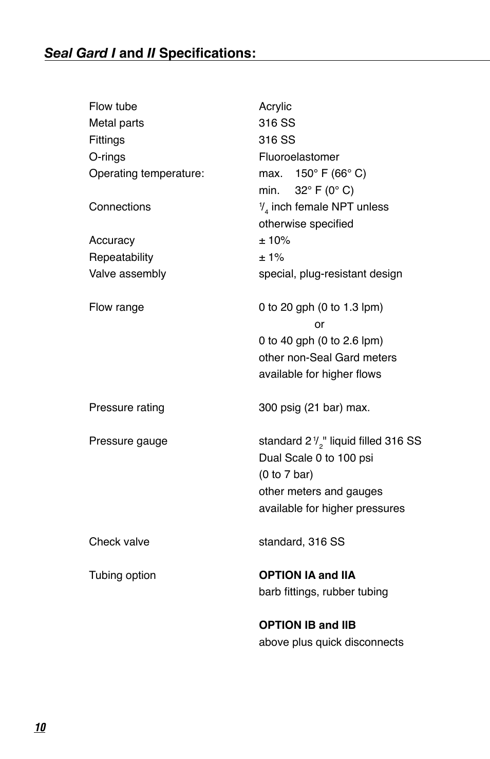 Seal gard i and ii specifications | Flowserve Seal Gard User Manual | Page 10 / 12