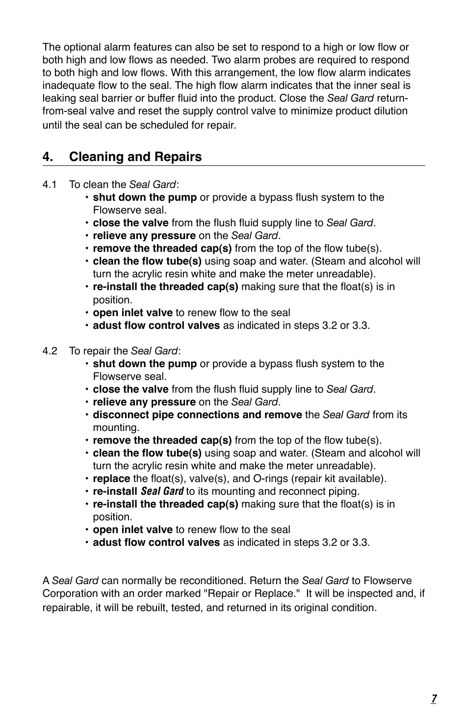 Cleaning and repairs | Flowserve Seal Gard User Manual | Page 7 / 12