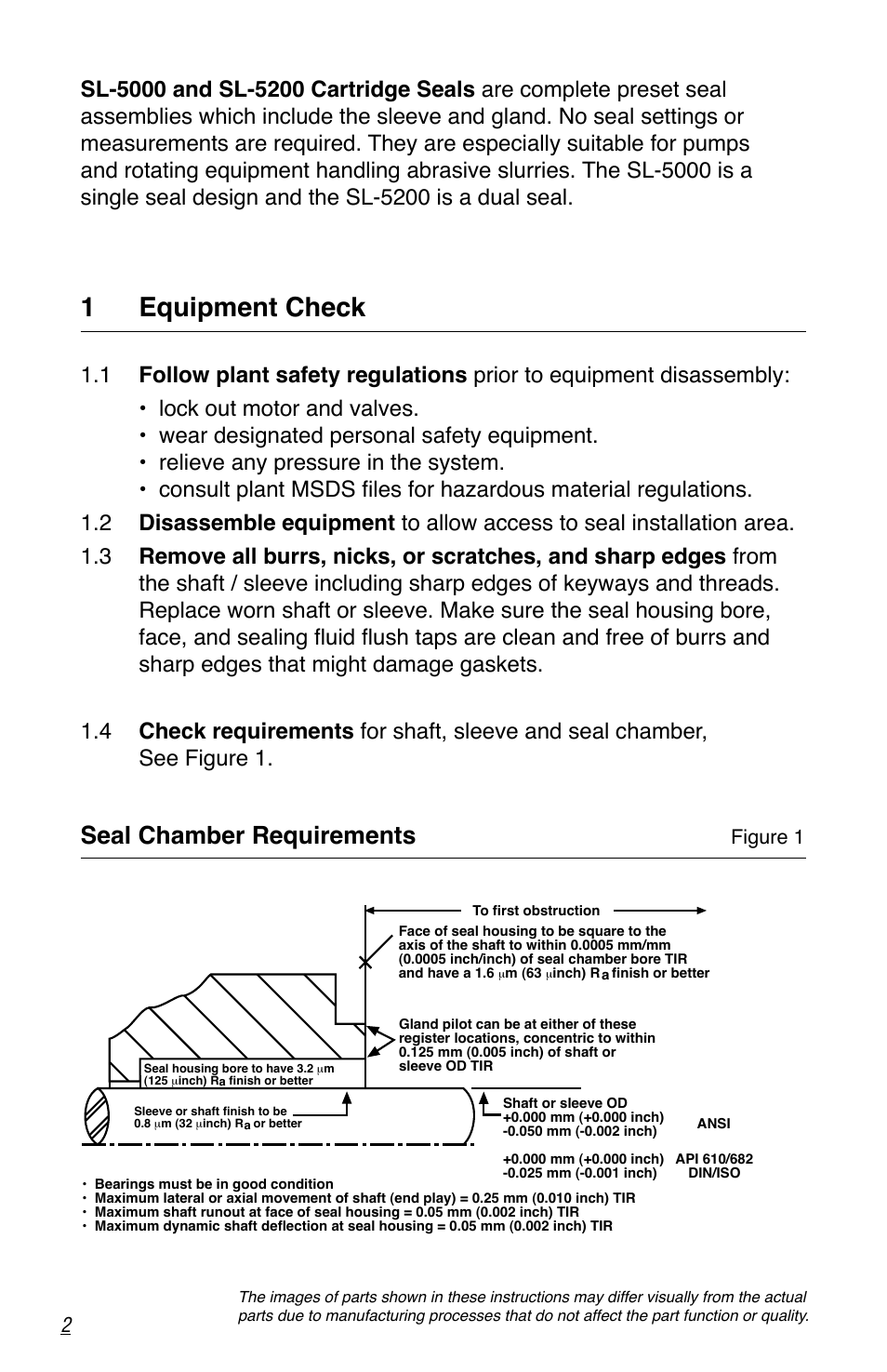 1 equipment check, Seal chamber requirements | Flowserve SL-5000 Seals User Manual | Page 2 / 8