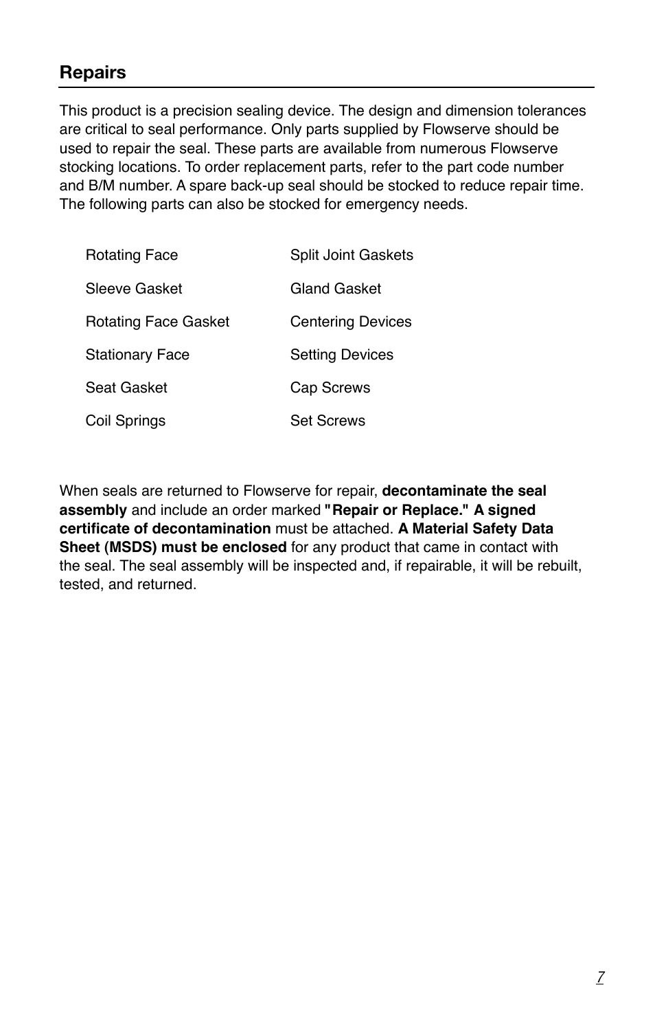 Repairs | Flowserve PSS III Seal Durametallic User Manual | Page 7 / 8