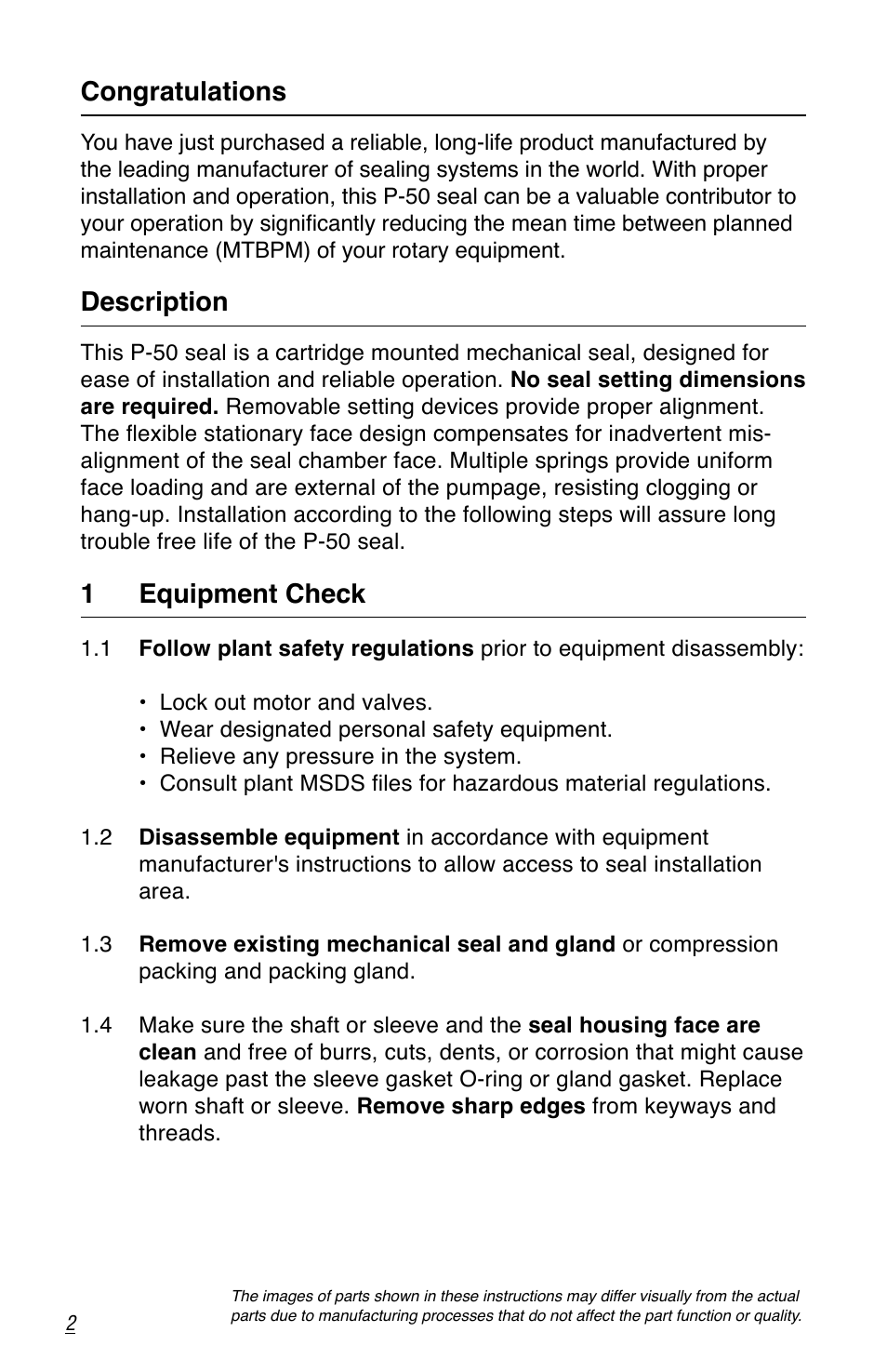 Description, 1 equipment check | Flowserve P-50 Durametallic User Manual | Page 2 / 12