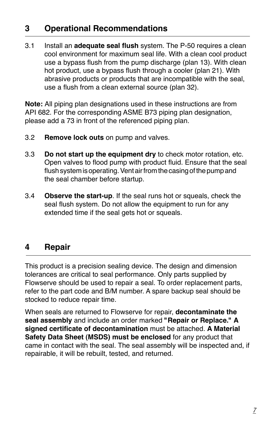 3operational recommendations, 4 repair | Flowserve P-50 Durametallic User Manual | Page 7 / 12