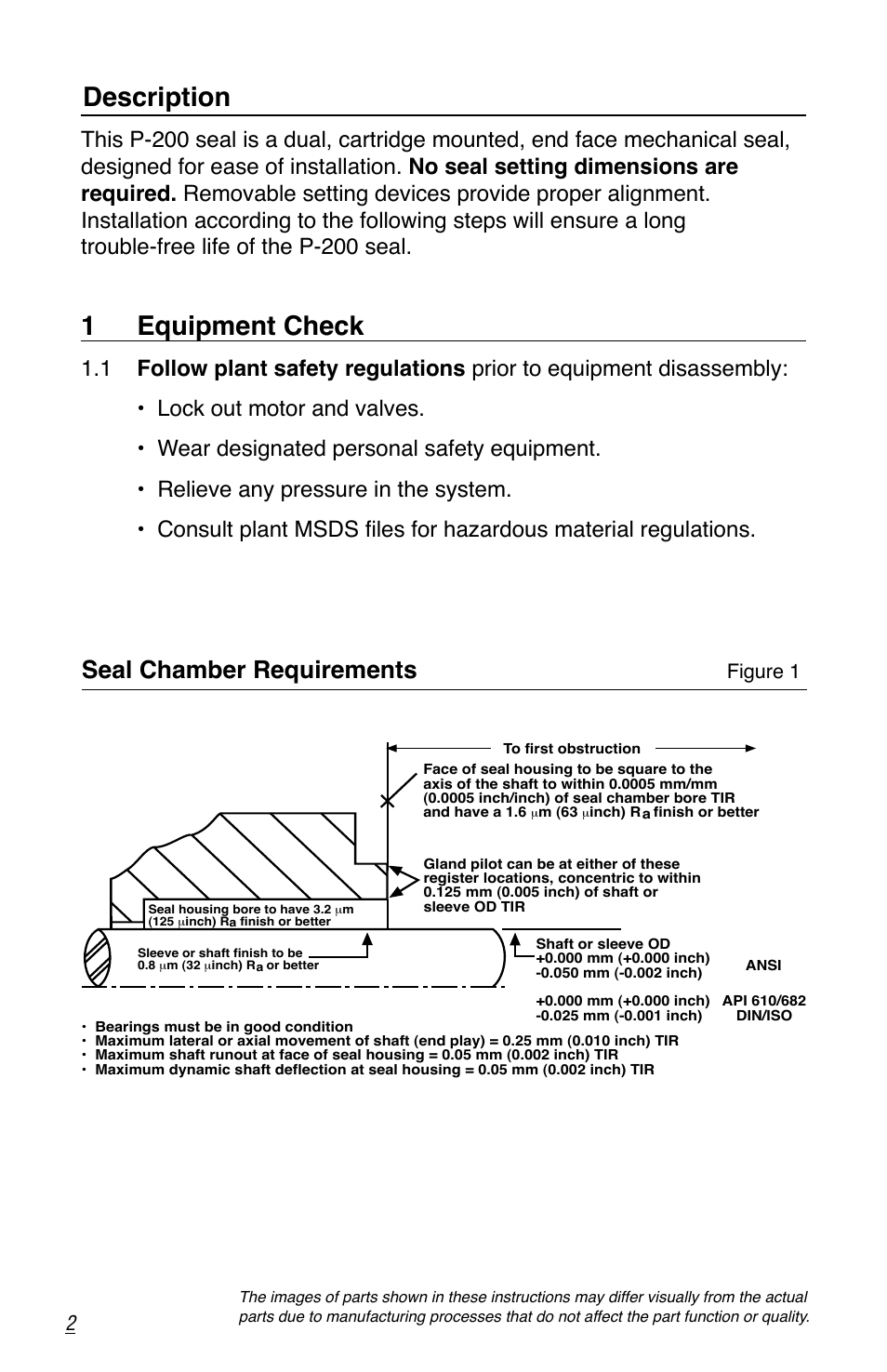 Description, 1 equipment check, Seal chamber requirements | Flowserve P-200 Durametallic User Manual | Page 2 / 12