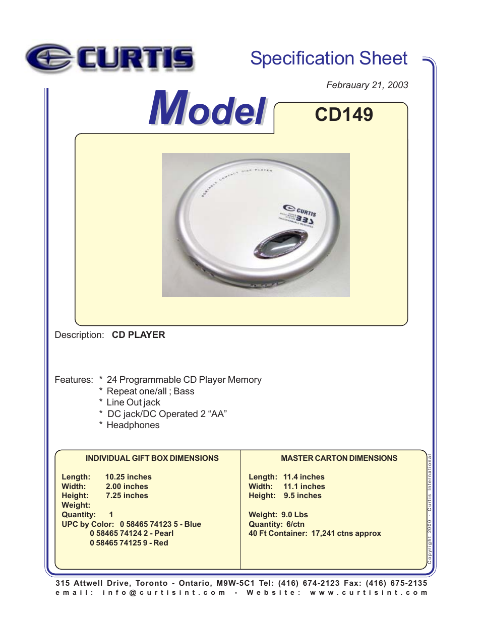 Curtis CD149 User Manual | 1 page