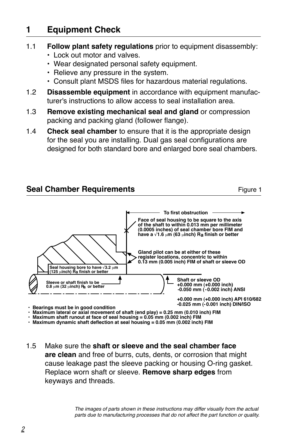 1equipment check, Seal chamber requirements | Flowserve Dual Gas Barrier Seals User Manual | Page 2 / 8
