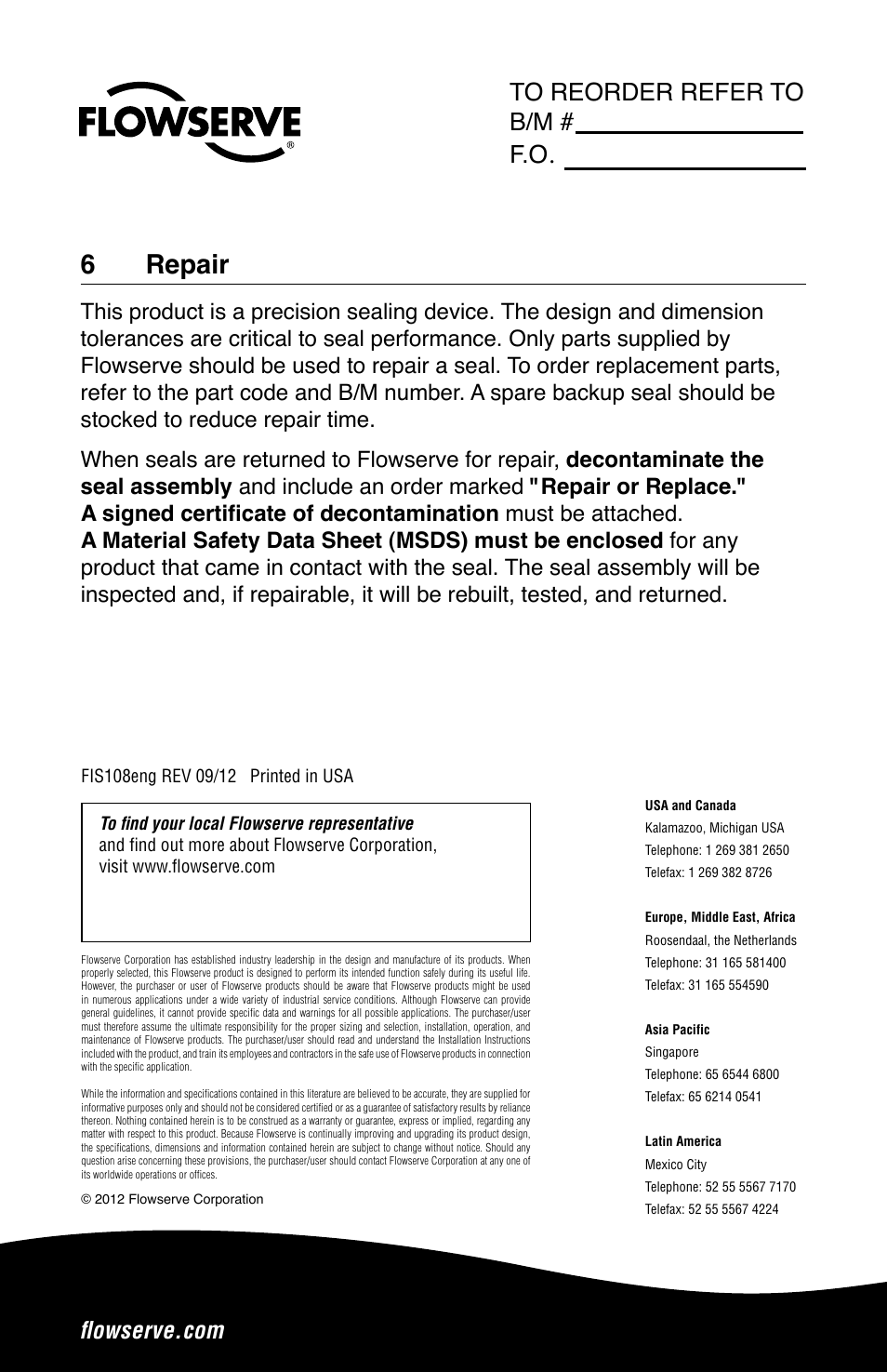 6 repair | Flowserve Dual Gas Barrier Seals User Manual | Page 8 / 8