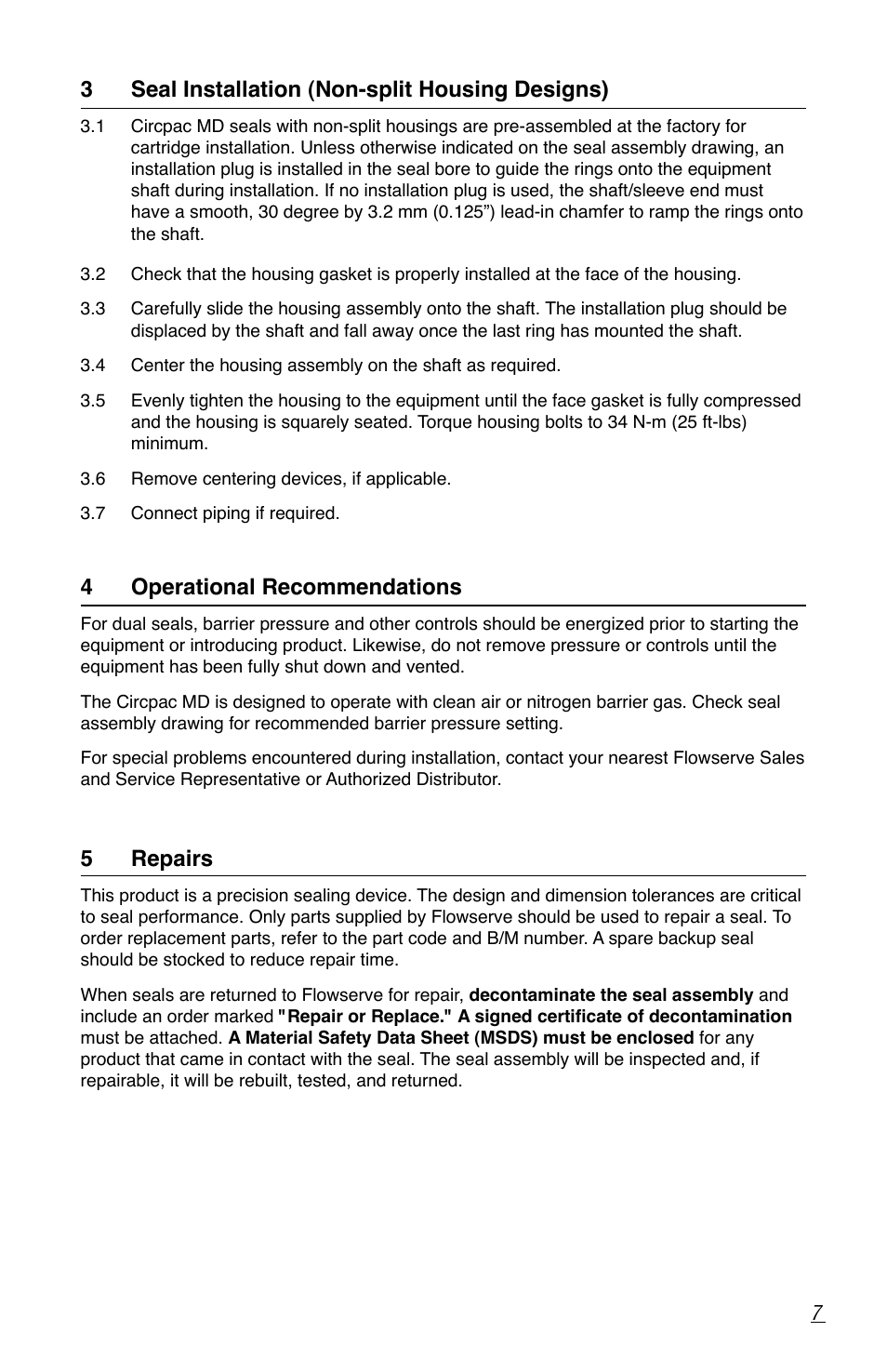 3 seal installation (non-split housing designs), 4 operational recommendations, 5 repairs | Flowserve Circpac MD User Manual | Page 7 / 8