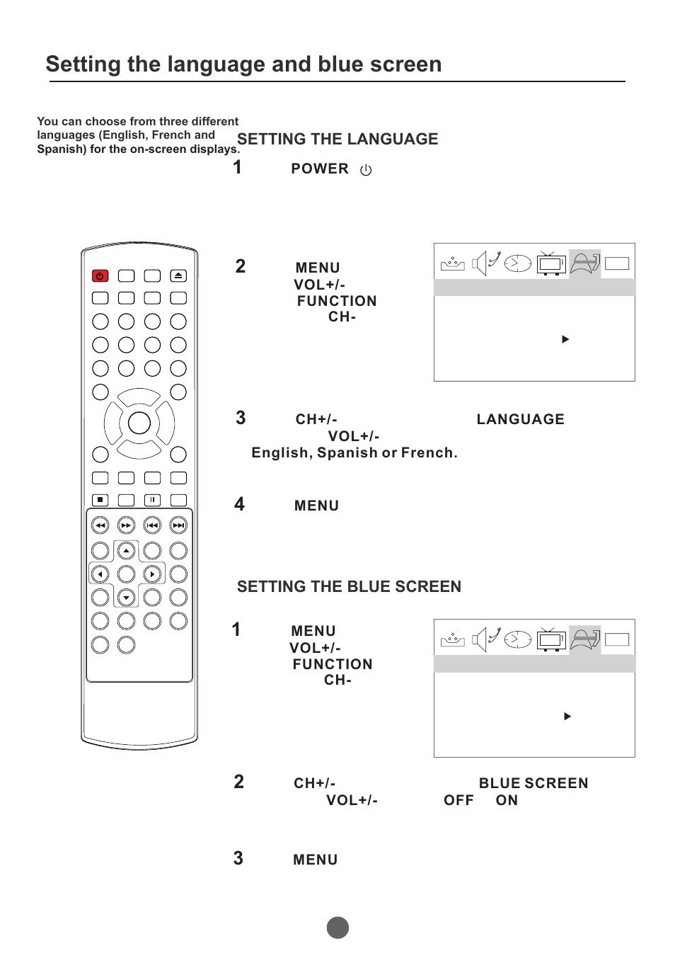 Setting the language and blue screen, Setting the language, Setting the blue screen | Press ( ) to turn on the tv. power, Press until the menu screen disappears. menu | Curtis TVD2000A User Manual | Page 14 / 48