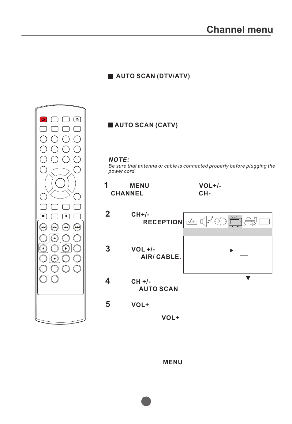 Channel menu, Press to select the option. ch+/- reception button, Press button to select vol +/- air/ cable | Press button to select option. ch +/- auto scan, Press button to start scanning. vol | Curtis TVD2000A User Manual | Page 15 / 48