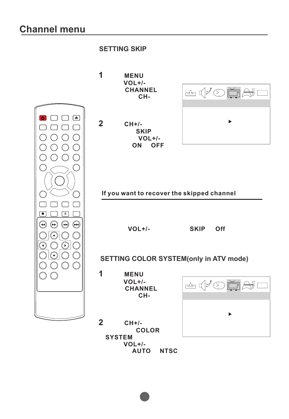 Channel menu, Setting skip, Setting color system(only in atv mode) | Curtis TVD2000A User Manual | Page 16 / 48