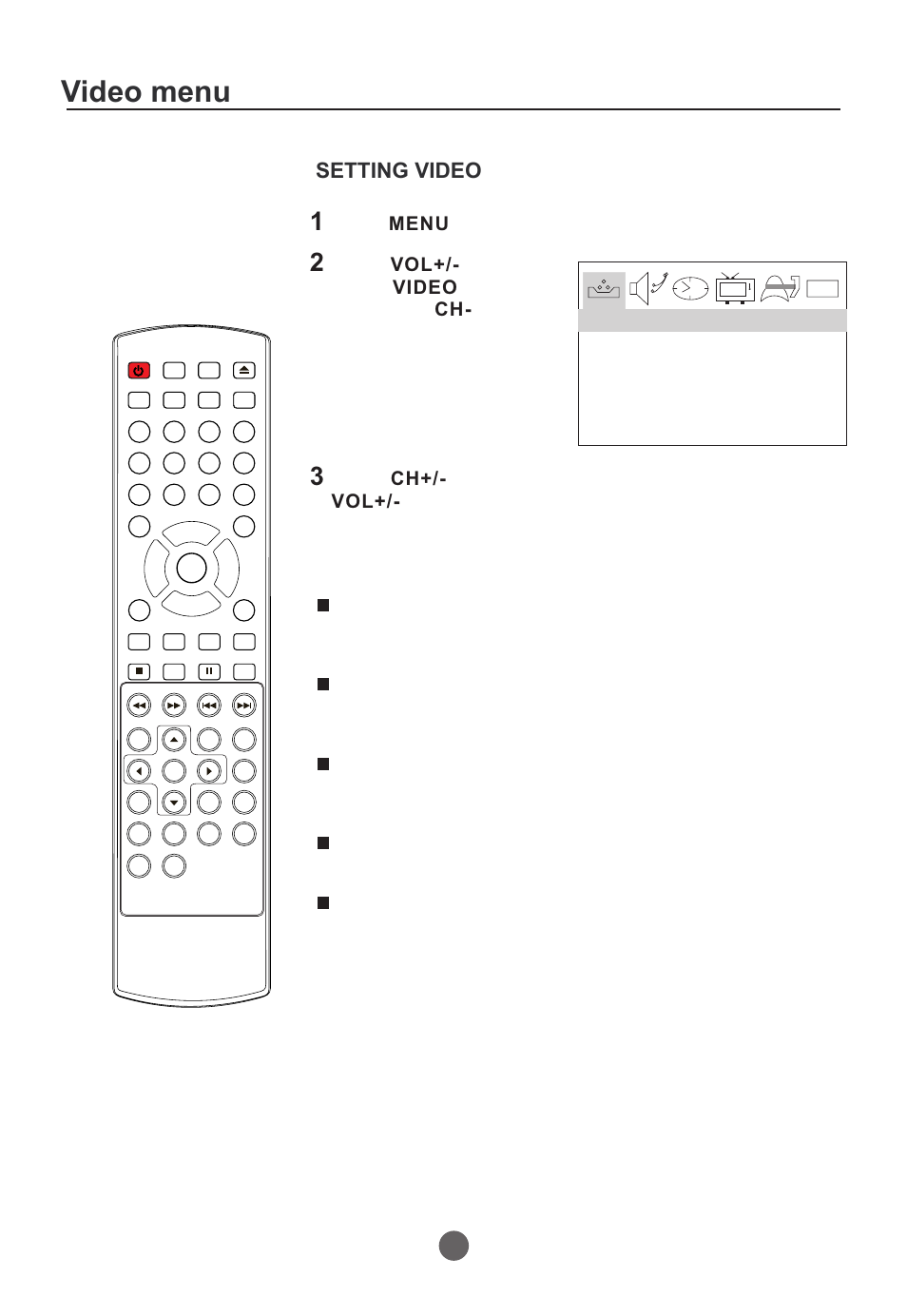 Video menu, Setting video 19, Contrast brightness color sharpness tint | Curtis TVD2000A User Manual | Page 20 / 48