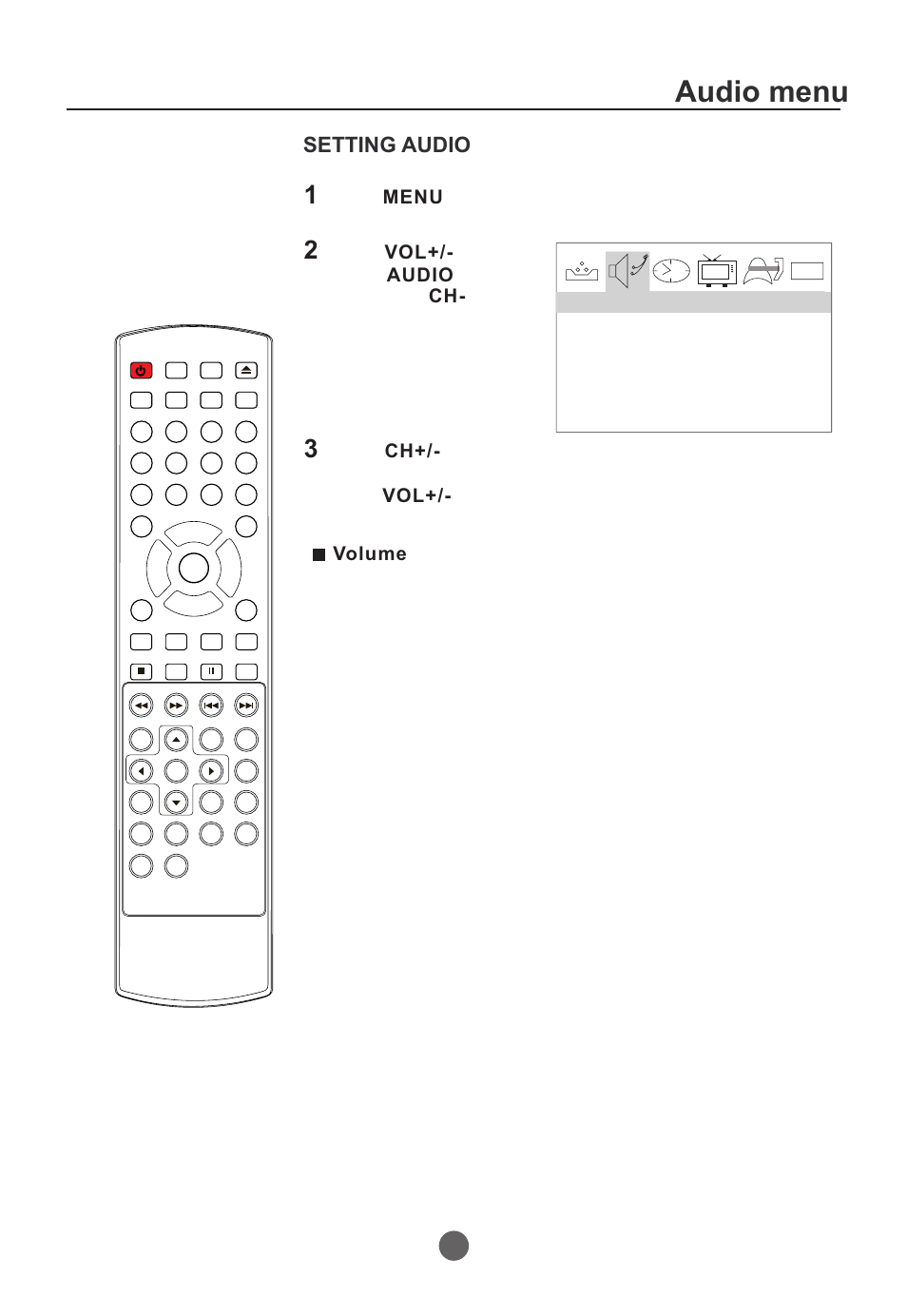 Audio menu, Setting audio 20, Volume | This will adjust the sound output level | Curtis TVD2000A User Manual | Page 21 / 48