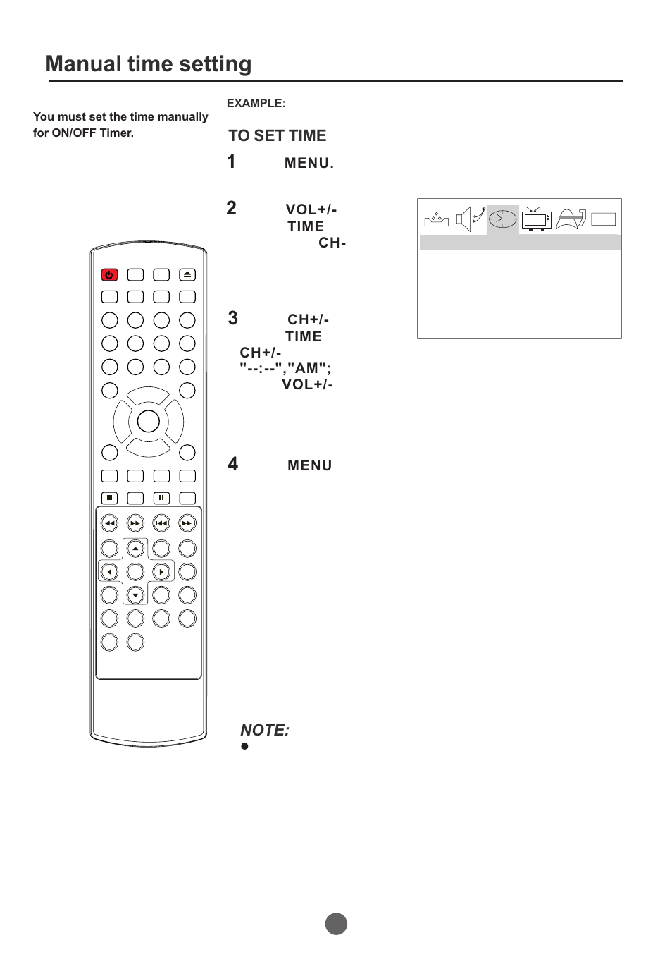 Manual time setting, Press the main menu screen will appear. menu, Press until the menu screen disappears. menu | Curtis TVD2000A User Manual | Page 22 / 48